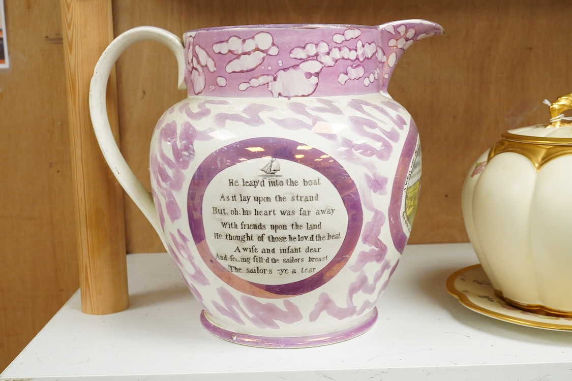 An early 19th century Sunderland pearlware and pink lustre jug, river weir bridge, 24cm high
